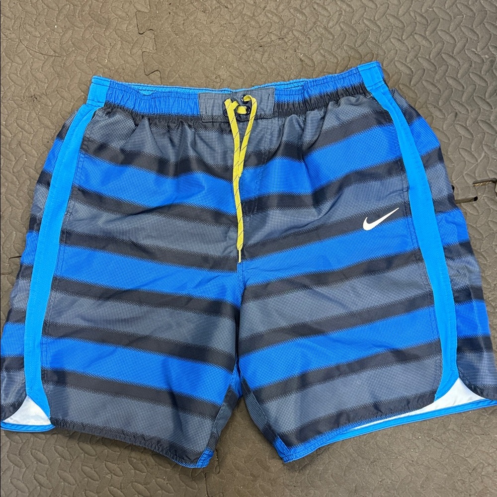 NIKE Blue and Black Striped Swim Shorts
